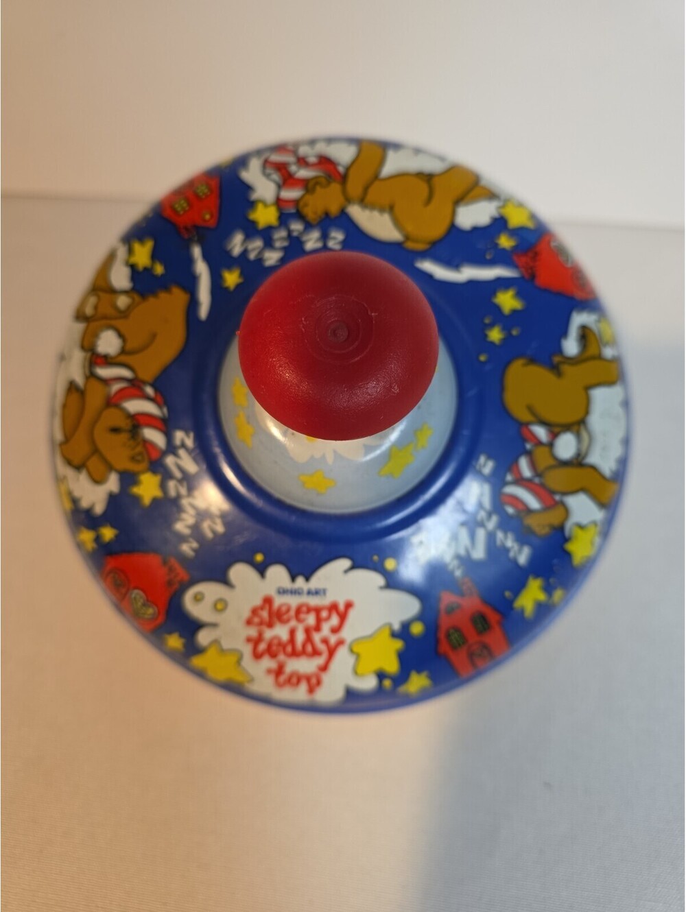 Vintage Spinning Push Top - Ohio Art Sleepy Teddy Top - USA Kids Toy Tin Litho
